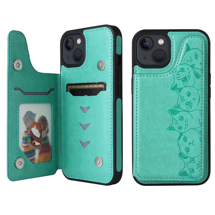 

Six Cats Embossing Pattern Shockproof Phone Case For iPhone 13(Green)