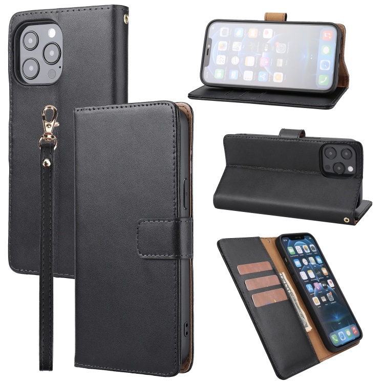 

Plain Weave Cowhide Leather Phone Case For iPhone 13 Pro(Black)