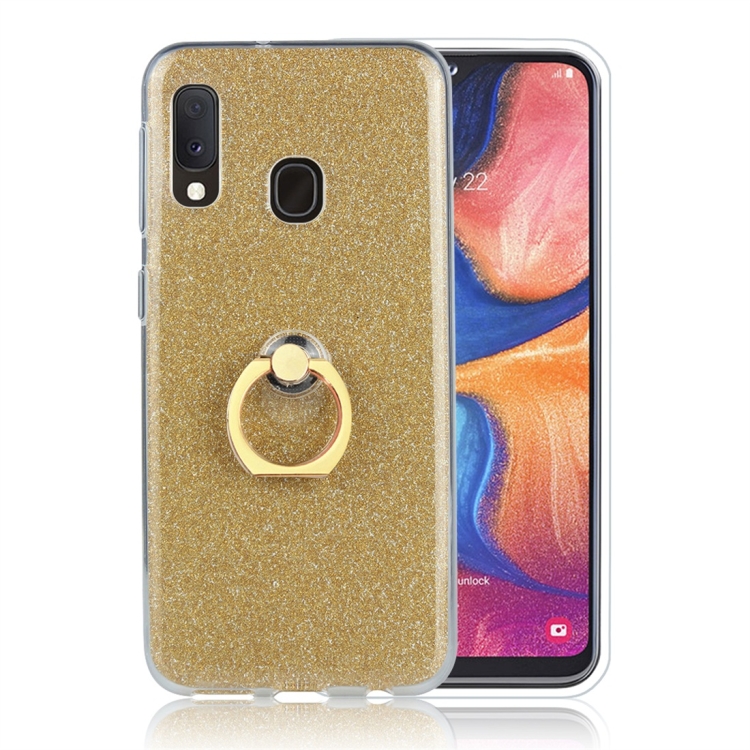 

For Galaxy A20e Glittery Powder Shockproof TPU Protective Case with Ring Holder(Gold)