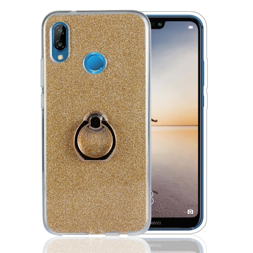 

For Huawei P20 Lite Glittery Powder Shockproof TPU Protective Case with Ring Holder(Gold)