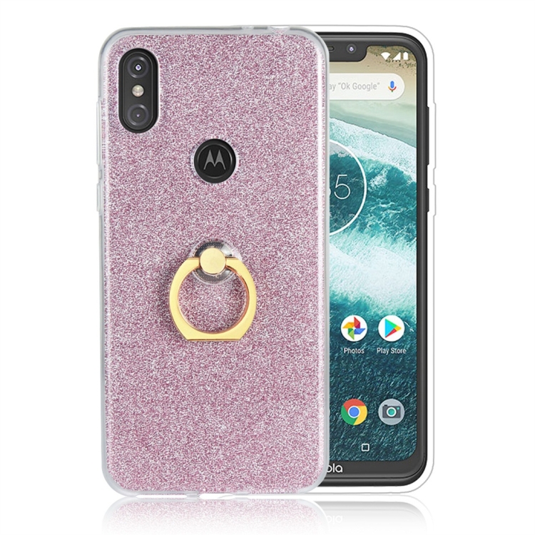

For Motorola Moto One Power Glittery Powder Shockproof TPU Protective Case with Ring Holder(Pink)