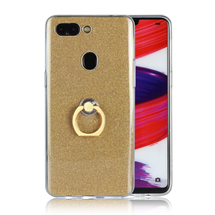 

For OPPO R15 Glittery Powder Shockproof TPU Protective Case with Ring Holder(Gold)