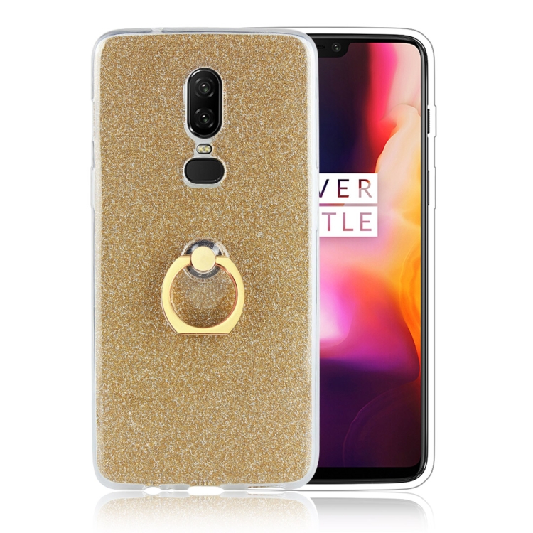 

For OnePlus 6 Glittery Powder Shockproof TPU Protective Case with Ring Holder(Gold)