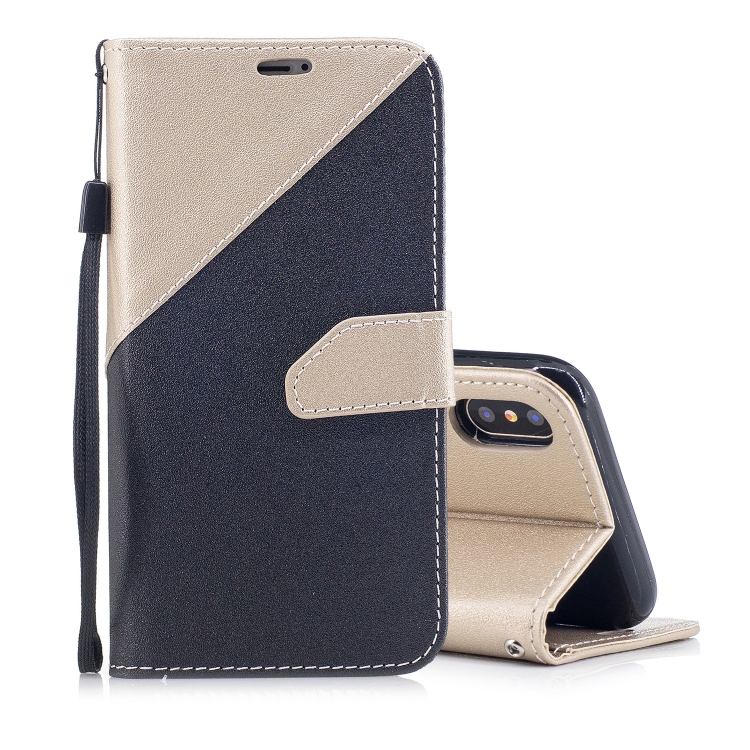 

For iPhone X & XS Matching Color Frosted Texture Horizontal Flip PU Leather Case with Holder & Card Slots & Lanyard(Black + Gold)