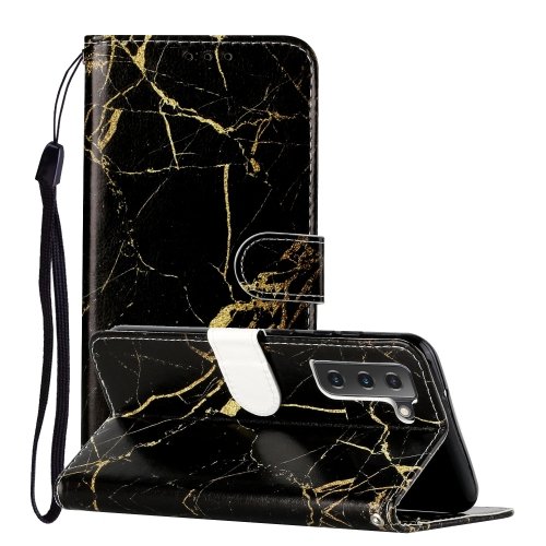 

For Samsung Galaxy S22 5G Colored Drawing Marble Pattern PU Leather Phone Case(Black Gold Marble)