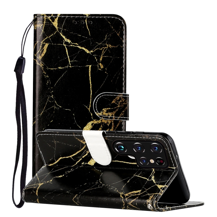 

For Samsung Galaxy S22 Ultra 5G Colored Drawing Marble Pattern PU Leather Phone Case(Black Gold Marble)
