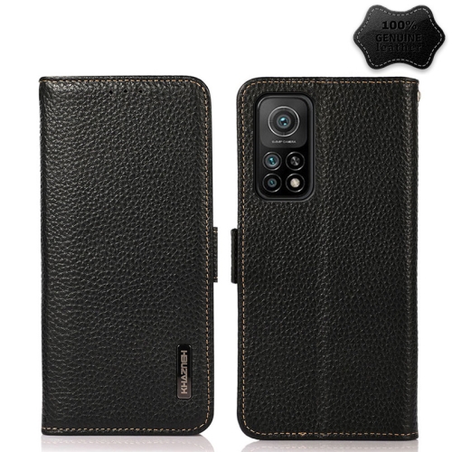 

For Xiaomi Mi 10T 5G KHAZNEH Side-Magnetic Litchi Genuine Leather RFID Phone Case(Black)
