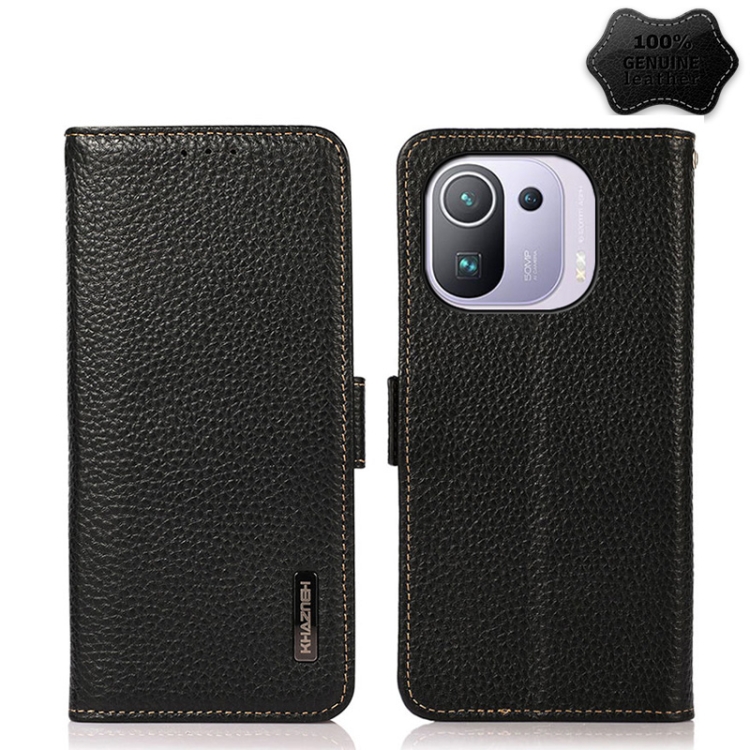 

For Xiaomi Mi 11 Pro KHAZNEH Side-Magnetic Litchi Genuine Leather RFID Phone Case(Black)