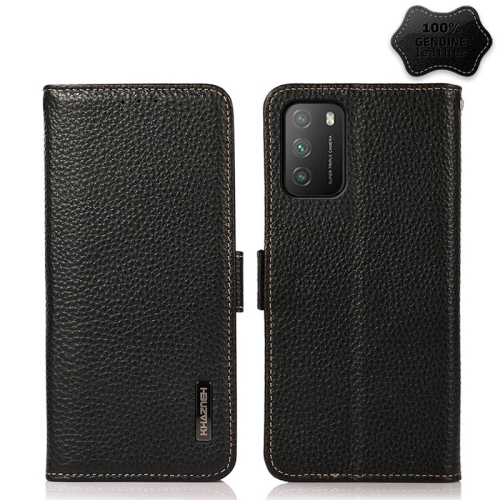 

For Xiaomi Poco M3 / Redmi 9T KHAZNEH Side-Magnetic Litchi Genuine Leather RFID Phone Case(Black)