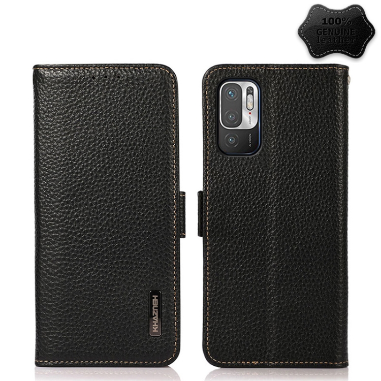 

For Xiaomi Redmi Note 10 5G KHAZNEH Side-Magnetic Litchi Genuine Leather RFID Phone Case(Black)