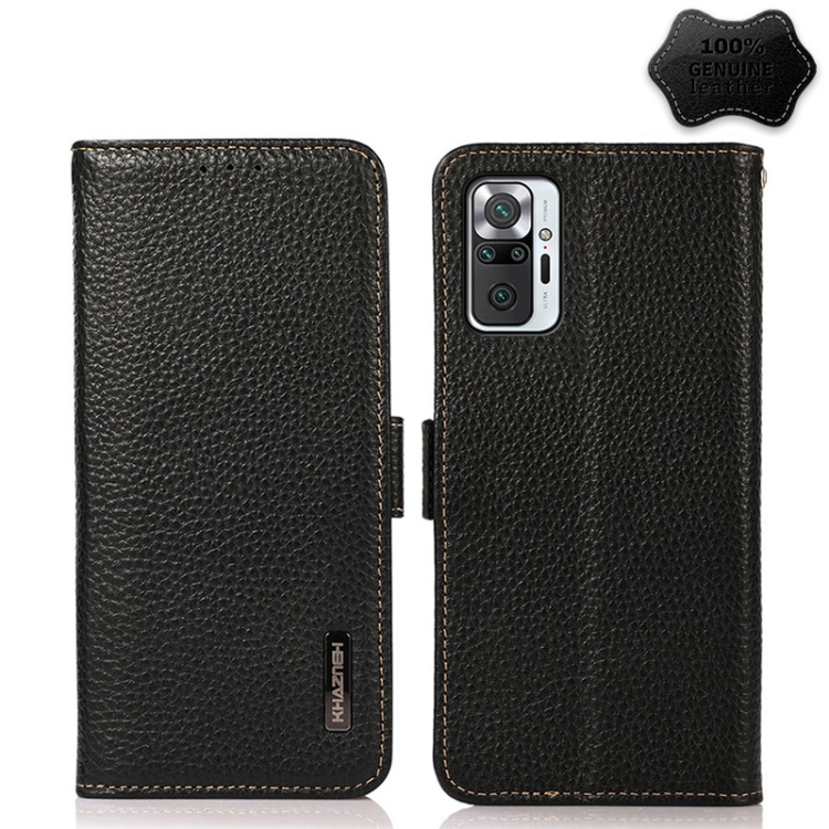 

For Xiaomi Redmi Note 10 Pro KHAZNEH Side-Magnetic Litchi Genuine Leather RFID Phone Case(Black)