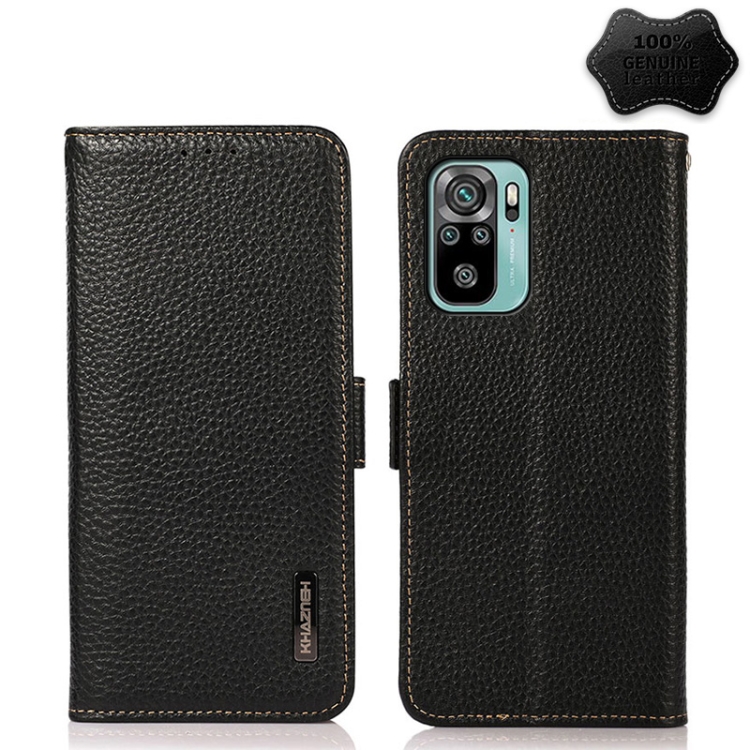 

For Xiaomi Redmi Note 10 4G KHAZNEH Side-Magnetic Litchi Genuine Leather RFID Phone Case(Black)