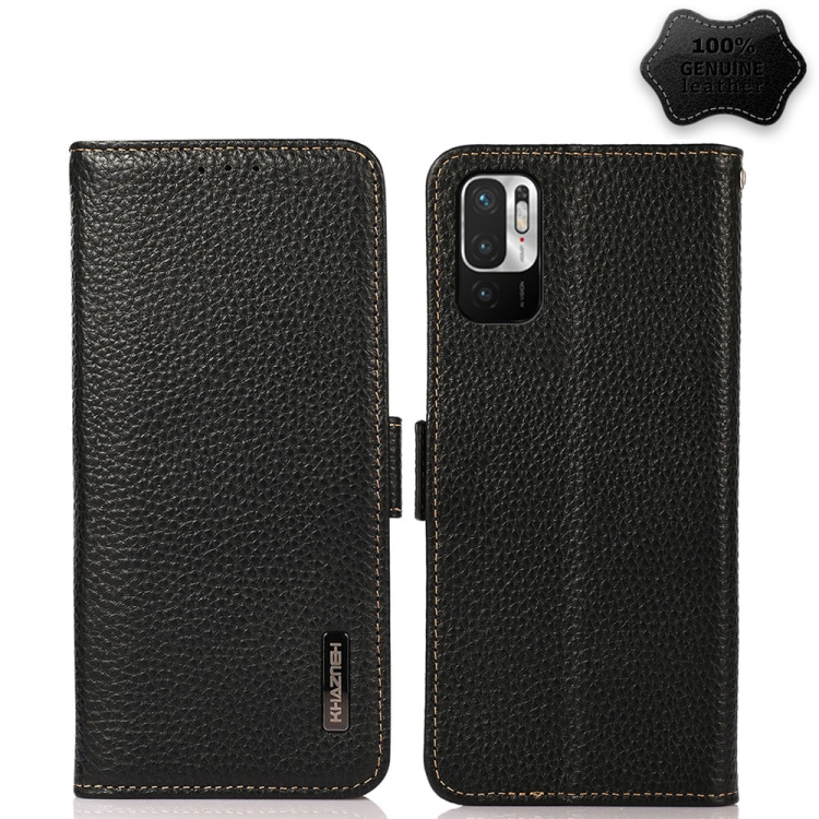 

For Xiaomi Redmi Note 10 JP Version KHAZNEH Side-Magnetic Litchi Genuine Leather RFID Phone Case(Black)