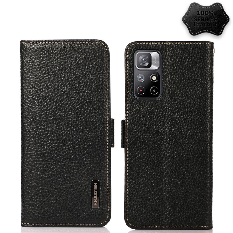 

For Xiaomi Redmi Note 11 KHAZNEH Side-Magnetic Litchi Genuine Leather RFID Phone Case(Black)