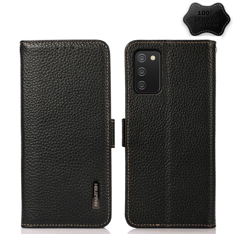 

For Samsung Galaxy A02s EU Version KHAZNEH Side-Magnetic Litchi Genuine Leather RFID Phone Case(Black)