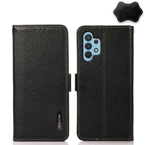 

For Samsung Galaxy A32 4G KHAZNEH Side-Magnetic Litchi Genuine Leather RFID Phone Case(Black)