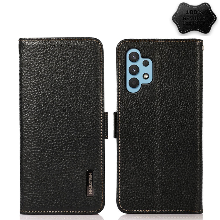 

For Samsung Galaxy A32 5G KHAZNEH Side-Magnetic Litchi Genuine Leather RFID Phone Case(Black)