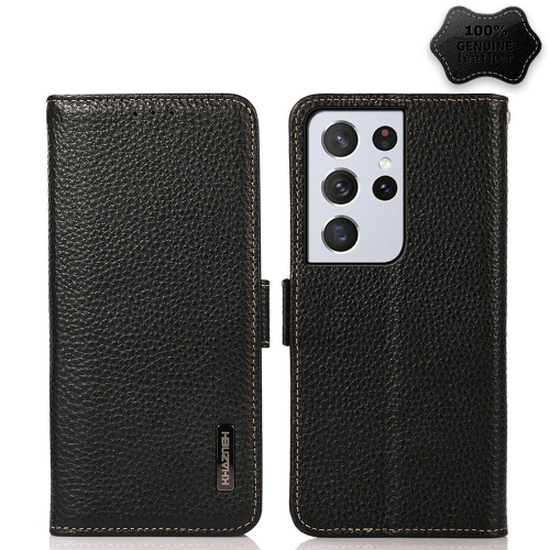 

For Samsung Galaxy S21 Ultra 5G KHAZNEH Side-Magnetic Litchi Genuine Leather RFID Phone Case(Black)