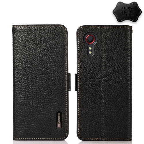 

For Samsung Galaxy Xcover 5 KHAZNEH Side-Magnetic Litchi Genuine Leather RFID Phone Case(Black)