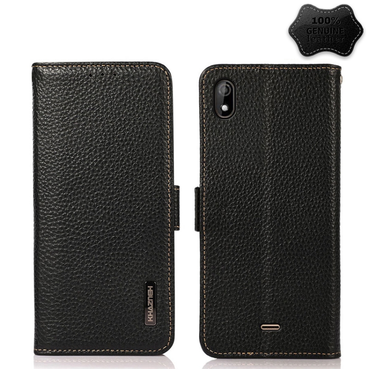 

For Wiko Y61 KHAZNEH Side-Magnetic Litchi Genuine Leather RFID Phone Case(Black)