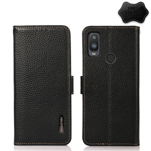 

For Alcatel 1L 2021 KHAZNEH Side-Magnetic Litchi Genuine Leather RFID Phone Case(Black)