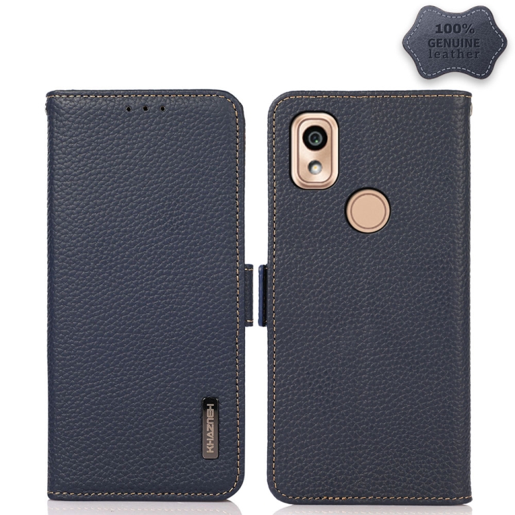 

For Kyocera KY-51B KHAZNEH Side-Magnetic Litchi Genuine Leather RFID Phone Case(Blue)