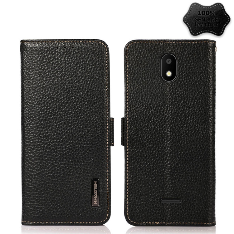 

For Vodafone Smart E11 KHAZNEH Side-Magnetic Litchi Genuine Leather RFID Phone Case(Black)