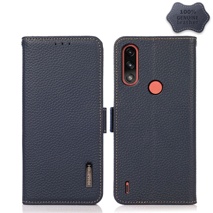 

For Motorola Moto E7 Power KHAZNEH Side-Magnetic Litchi Genuine Leather RFID Case(Blue)