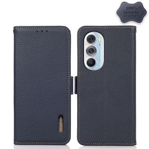 

For Motorola Edge X30 KHAZNEH Side-Magnetic Litchi Genuine Leather RFID Case(Blue)