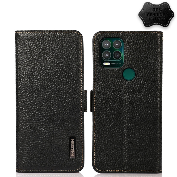 

For Motorola Moto G Stylus 5G KHAZNEH Side-Magnetic Litchi Genuine Leather RFID Case(Black)