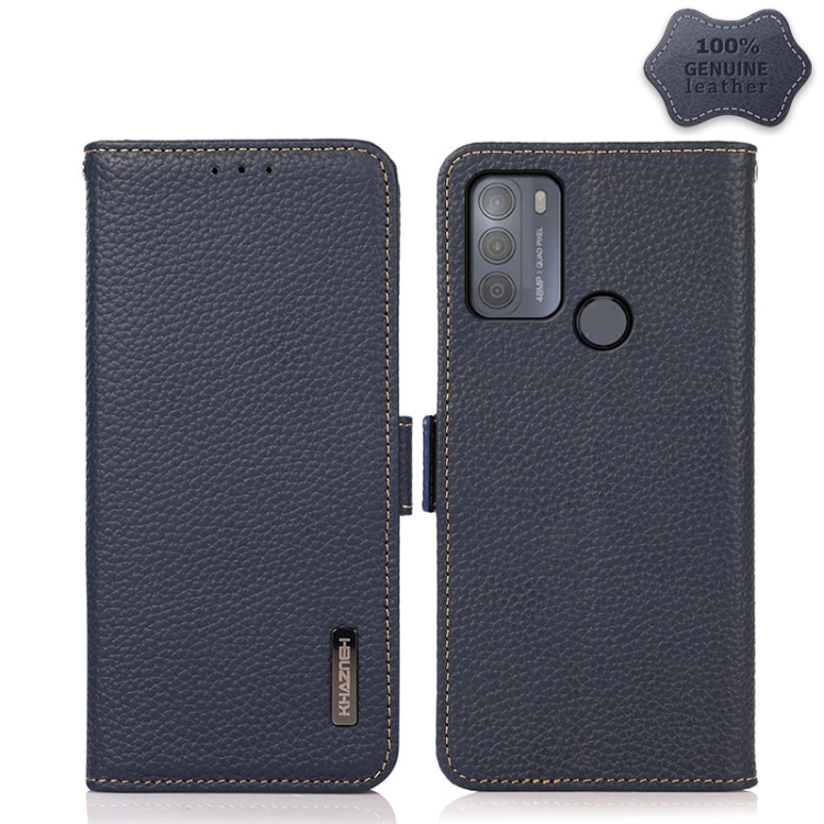 

For Motorola Moto G50 KHAZNEH Side-Magnetic Litchi Genuine Leather RFID Case(Blue)