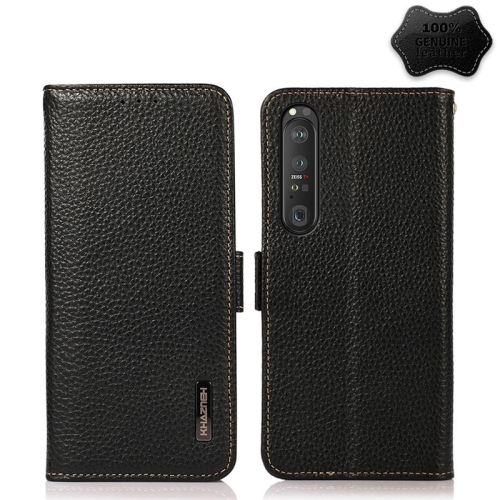 

For Sony Xperia 1 III KHAZNEH Side-Magnetic Litchi Genuine Leather RFID Case(Black)