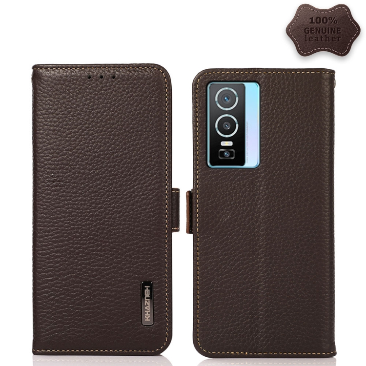 

For vivo Y76s 5G KHAZNEH Side-Magnetic Litchi Genuine Leather RFID Case(Brown)