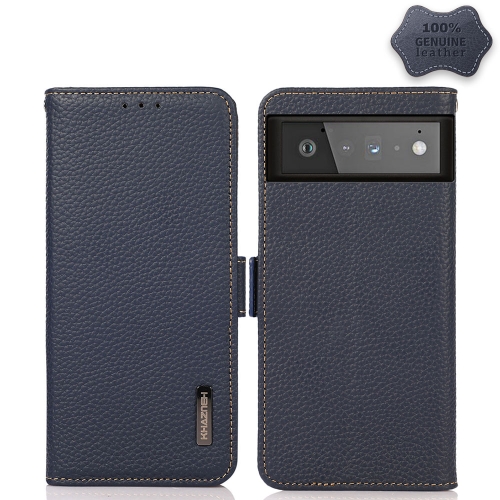 

For Google Pixel 6 KHAZNEH Side-Magnetic Litchi Genuine Leather RFID Case(Blue)