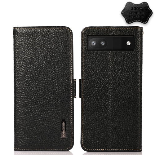 

For Google Pixel 6a KHAZNEH Side-Magnetic Litchi Genuine Leather RFID Case(Black)