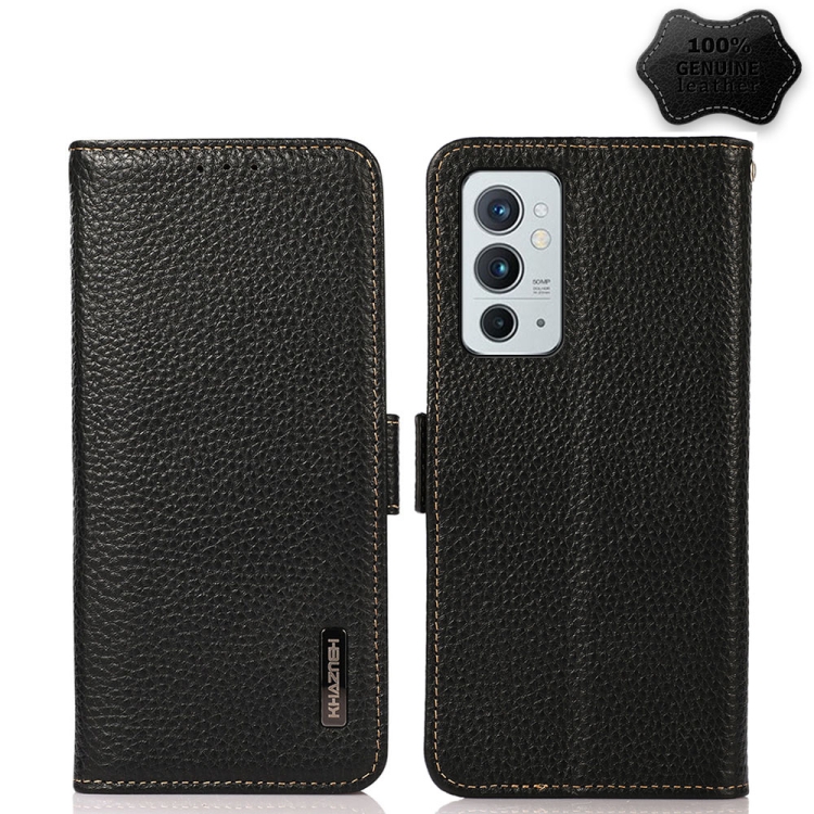 

For OnePlus 9RT 5G KHAZNEH Side-Magnetic Litchi Genuine Leather RFID Phone Case(Black)