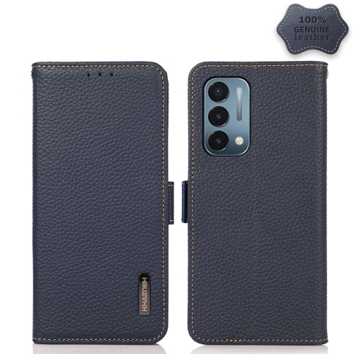 

For OnePlus Nord N200 5G KHAZNEH Side-Magnetic Litchi Genuine Leather RFID Phone Case(Blue)