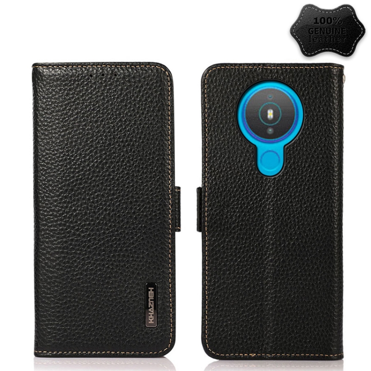

For Nokia 1.4 KHAZNEH Side-Magnetic Litchi Genuine Leather RFID Phone Case(Black)