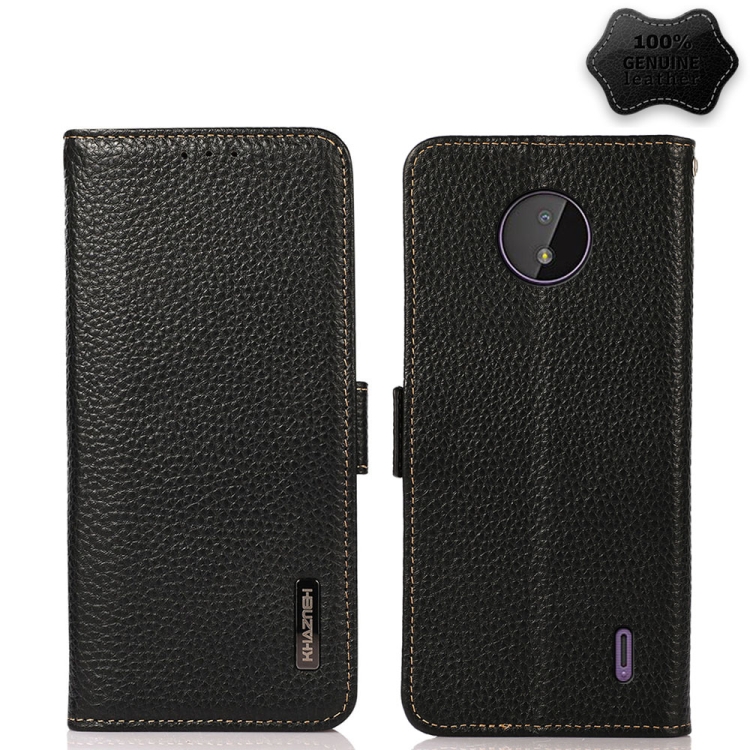 

For Nokia C10 / C20 KHAZNEH Side-Magnetic Litchi Genuine Leather RFID Phone Case(Black)