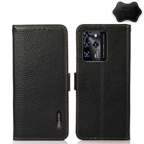 

For ZTE Blade V30 KHAZNEH Side-Magnetic Litchi Genuine Leather RFID Phone Case(Black)