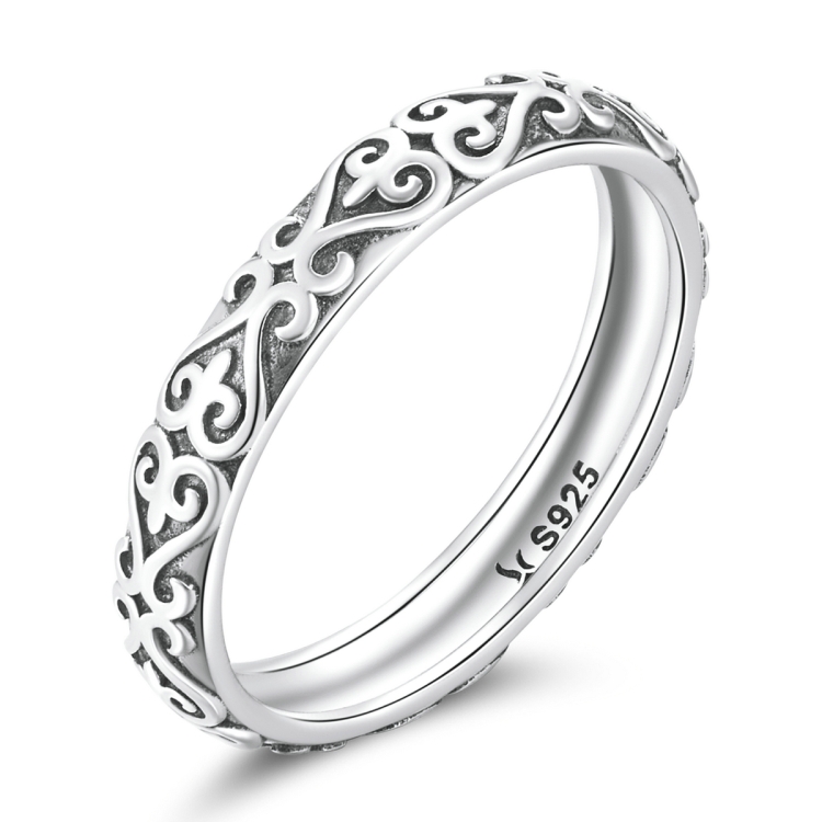 

S925 Sterling Silver Retro Embossed Flower Texture Women Ring, Size:6