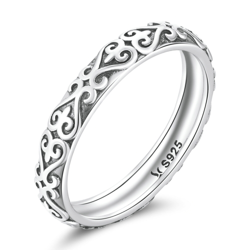 

S925 Sterling Silver Retro Embossed Flower Texture Women Ring, Size:8