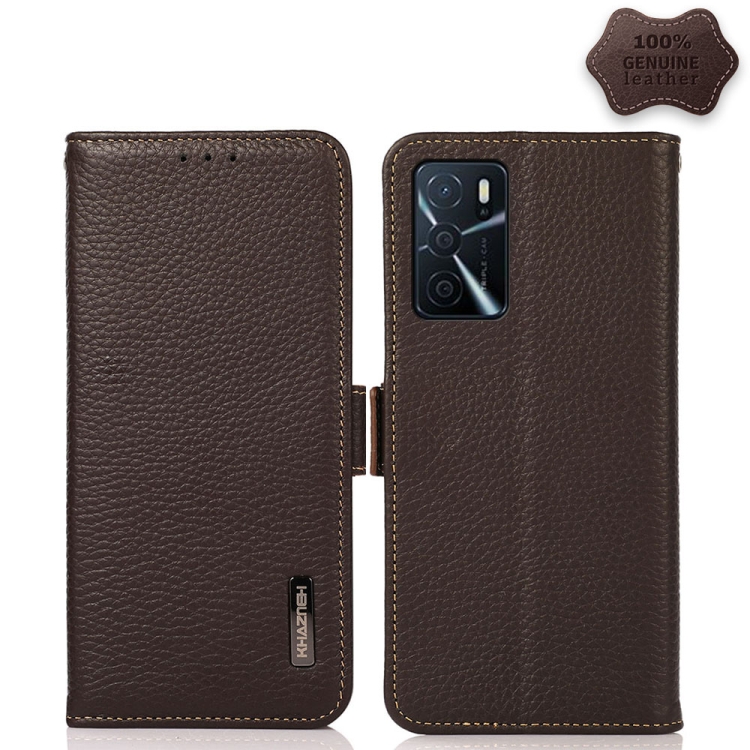 

For OPPO A16 KHAZNEH Side-Magnetic Litchi Genuine Leather RFID Case(Brown)