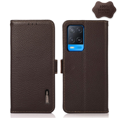 

For OPPO A54 4G KHAZNEH Side-Magnetic Litchi Genuine Leather RFID Case(Brown)