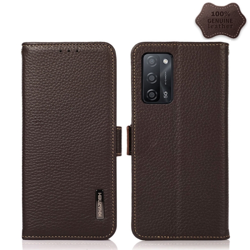 

For OPPO A55 5G KHAZNEH Side-Magnetic Litchi Genuine Leather RFID Case(Brown)