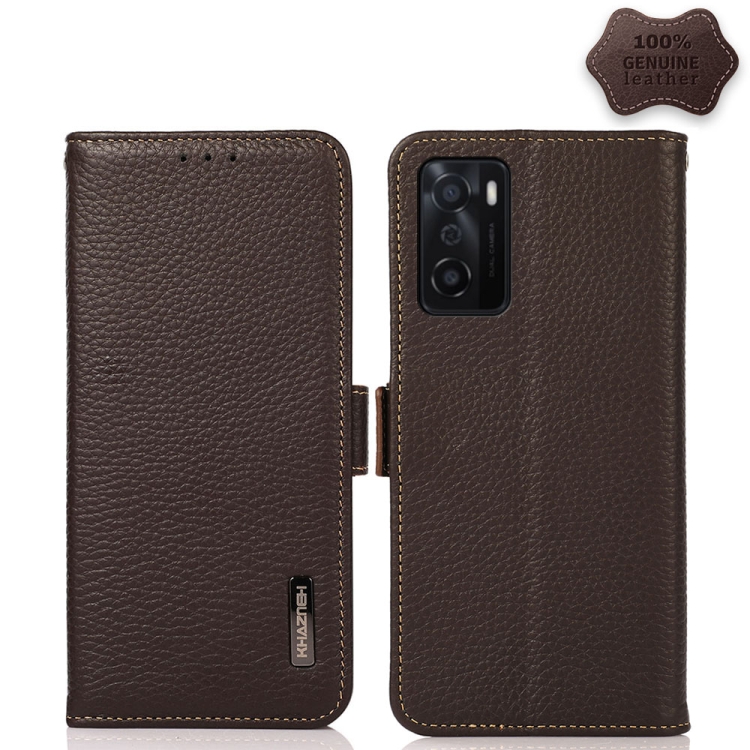 

For OPPO A55s 5G JP Version KHAZNEH Side-Magnetic Litchi Genuine Leather RFID Case(Brown)