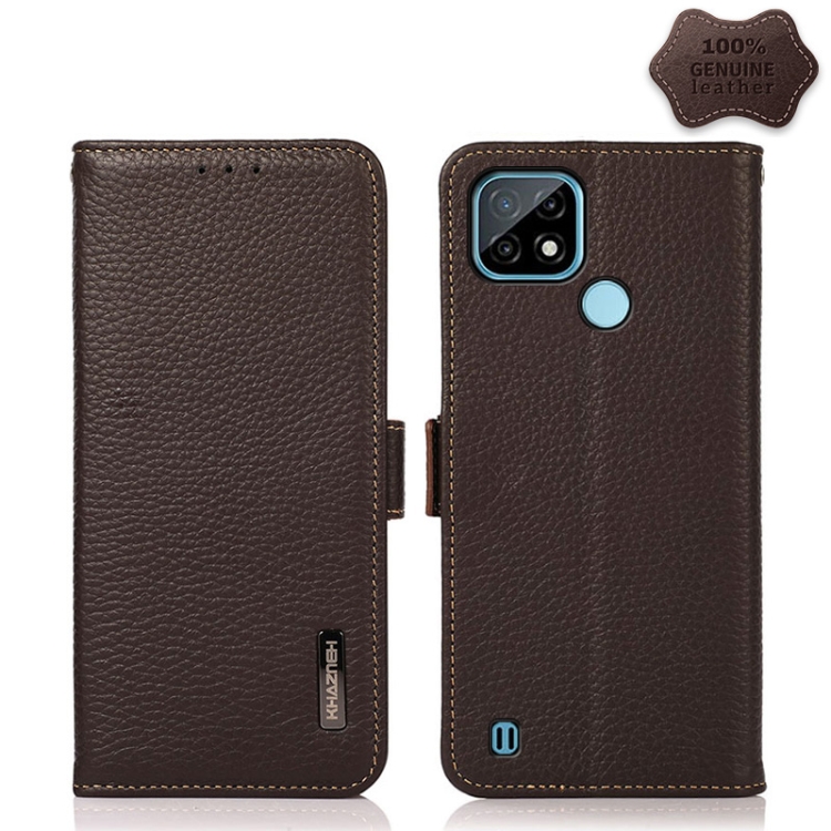 

For OPPO Realme C21 KHAZNEH Side-Magnetic Litchi Genuine Leather RFID Case(Brown)