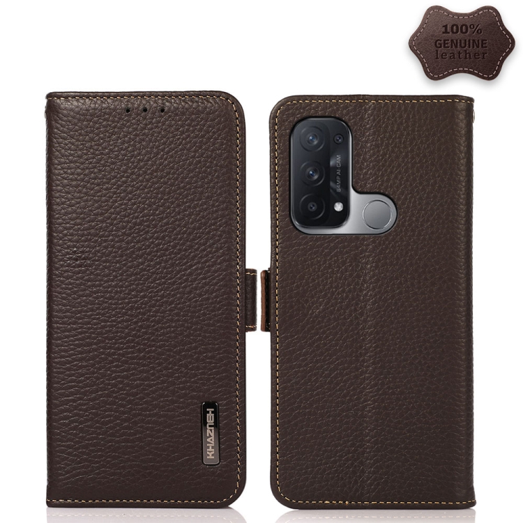 

For OPPO Reno5 A JP Version KHAZNEH Side-Magnetic Litchi Genuine Leather RFID Case(Brown)