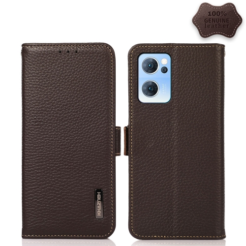 

For OPPO Reno7 5G KHAZNEH Side-Magnetic Litchi Genuine Leather RFID Case(Brown)