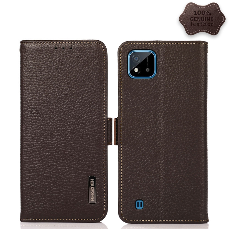 

For OPPO Realme C20 KHAZNEH Side-Magnetic Litchi Genuine Leather RFID Case(Brown)